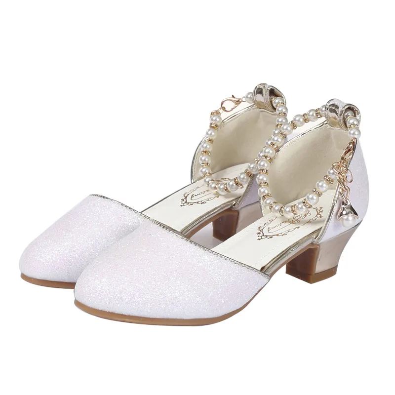 MudiPanda сандалии для девочек новая обувь с жемчугом детская Обувь на высоком каблуке студент танцевальная обувь/производительность обувь Размер 28-38 розовый белый - Цвет: White