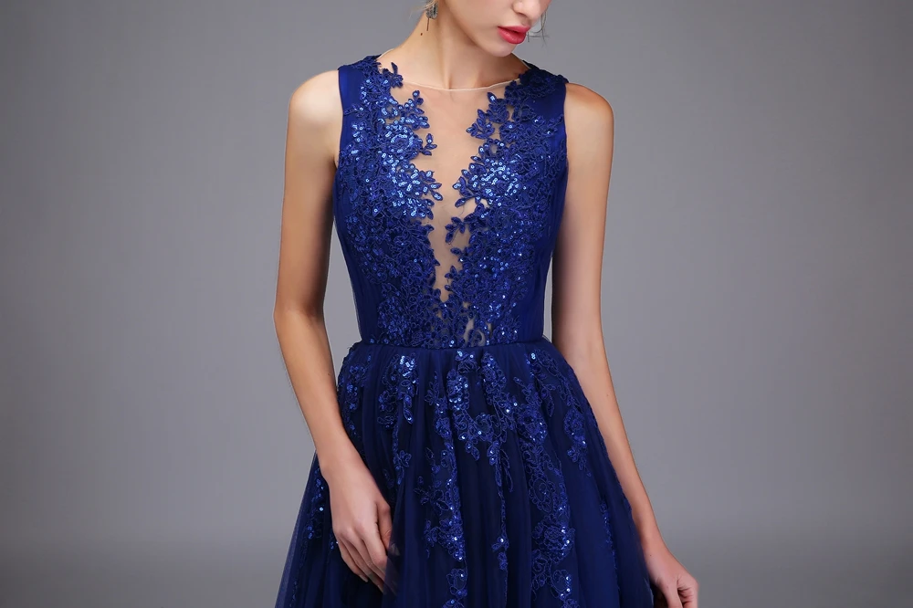 JaneVini изящный, темно-синий плюс Размеры платье для выпускного вечера es линии Кружева Аппликации блестками пикантные Разделение прозрачная