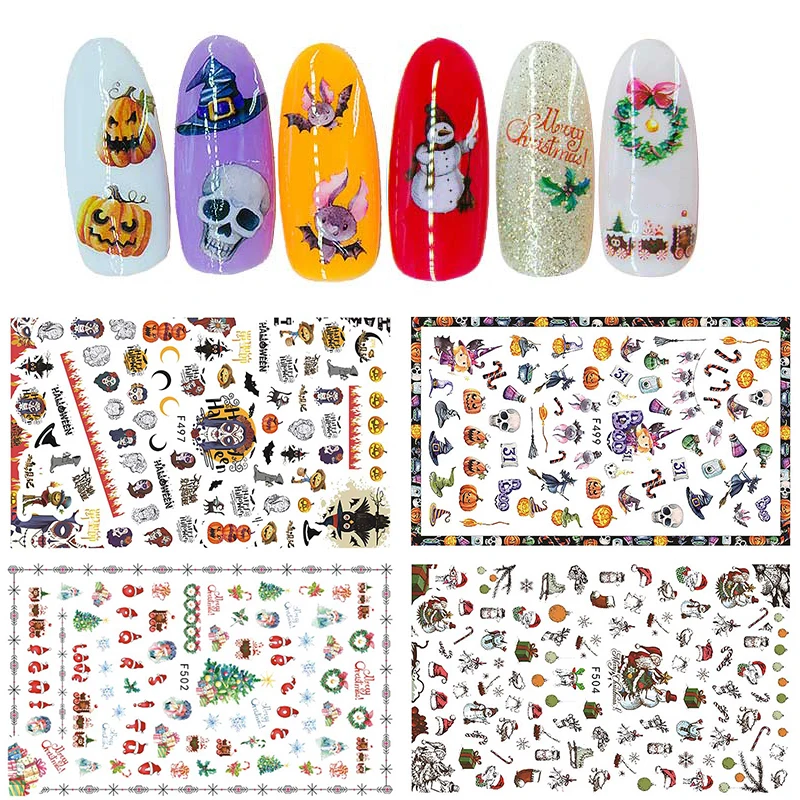 

1 Sheet Halloween Nail Sticker Pumpkin/Skull/Snowflakes Pattern Christmas 3D Adhesive Decals DIY Manicure Nail Art Decorations