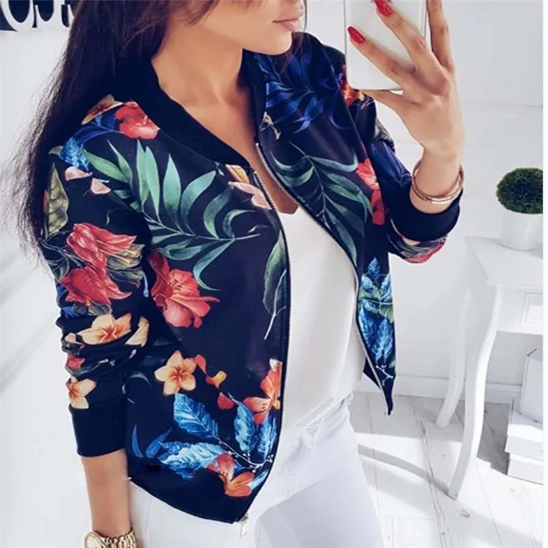 Fashion Autumn Women Floral Prints Jacket Coat XXL Flower Coats Zipper Long Sleeve Jacket Outwear Casual Tops White Blue New