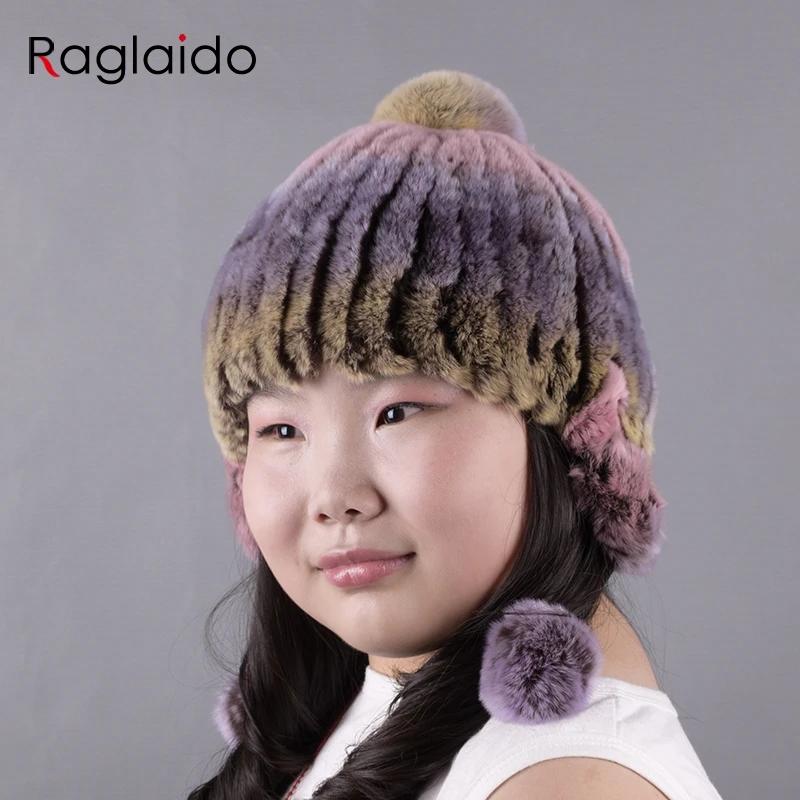 

Winter Fur Hats for Girls Real Fur Rex Rabbit Trapper Hat with balls Kids pompom knitted hat hand knitted beanies 42-52cmLQC1001