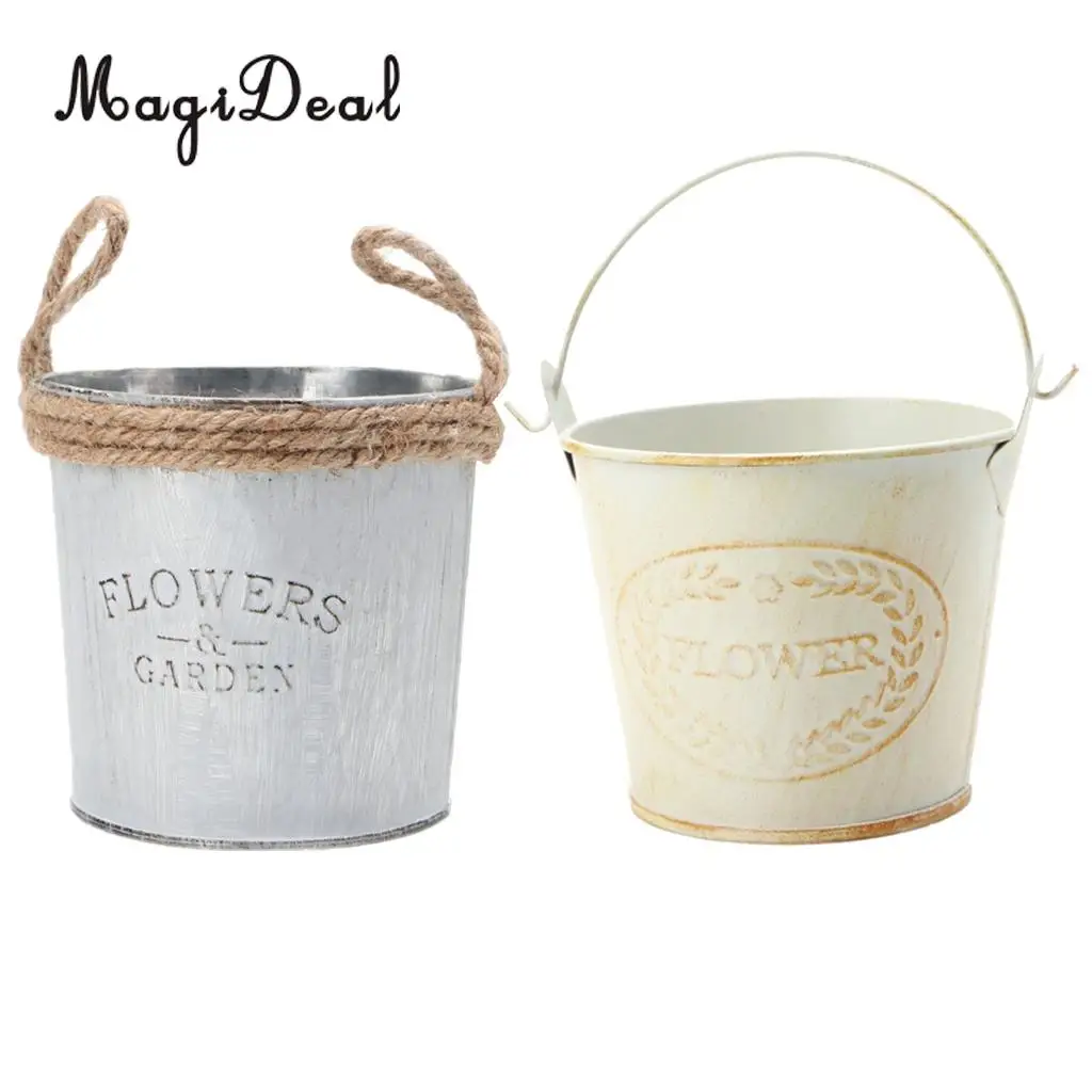 2pcs Round Galvanized Metal Buckets Plants Flower Decorative Vases with Rope