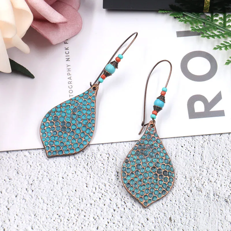 

New leaves pothole face blue ancient beads earrings ear hooks personality national wind earrings female jewelry gift