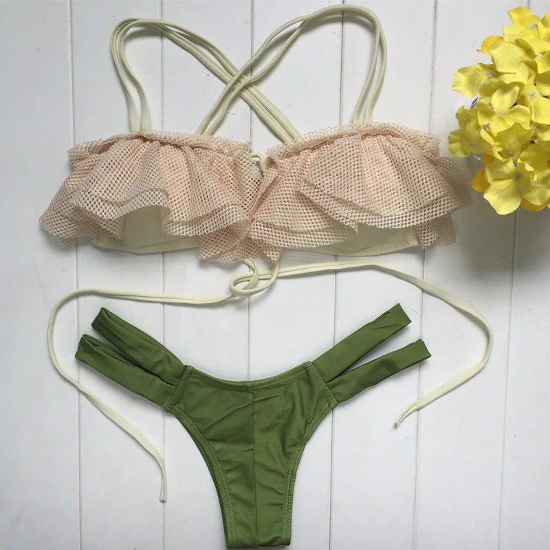 

VIAOLI Sexy Bikini Set Micro Split Braided Rope Bangdage Hollow Out Swimwear Green Solid Bottom Bathing Suit Summer Beach Party