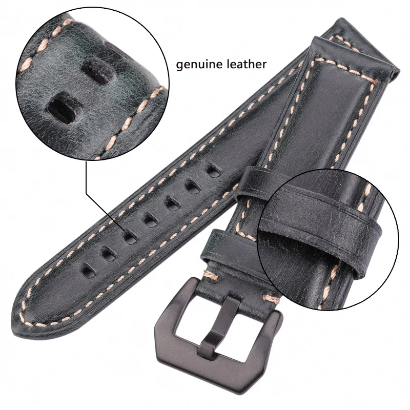 Genuine Leather Watchband Bracelet 20 22 24 26mm Women Men Oil Wax Cowhide Blue Green Red Brown Wach Band Strap Steel Buckle