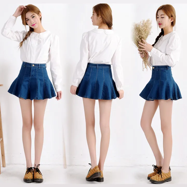 2015 Summer New Sexy Denim Skirt Flounced Hem Pleated -4116