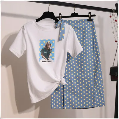 

New Fashion 2019 Summer Women Casual 2 Piece Sets Sweet Girls Appliques Cotton Blouses Crop Top And Polka Dot Bodycon Skirt Suit