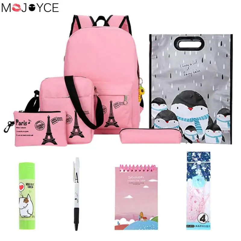 

Casual Canvas Backpacks Women 10pcs/Set Colorful Iron Tower Students Shoulder Schoolbags Girls Pupils Packs Rucksack 2018 New