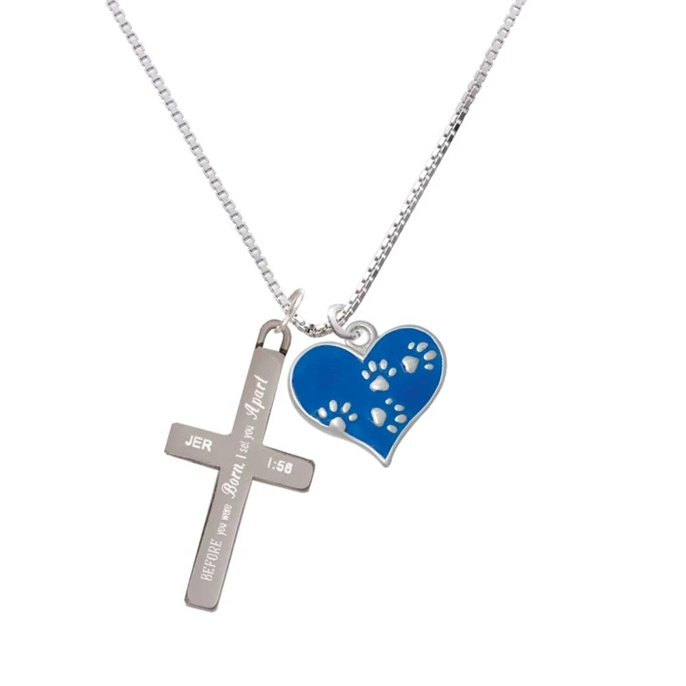 Royal Blue Enamel Heart with Paw Prints - I Set You Apart - Cross Necklace