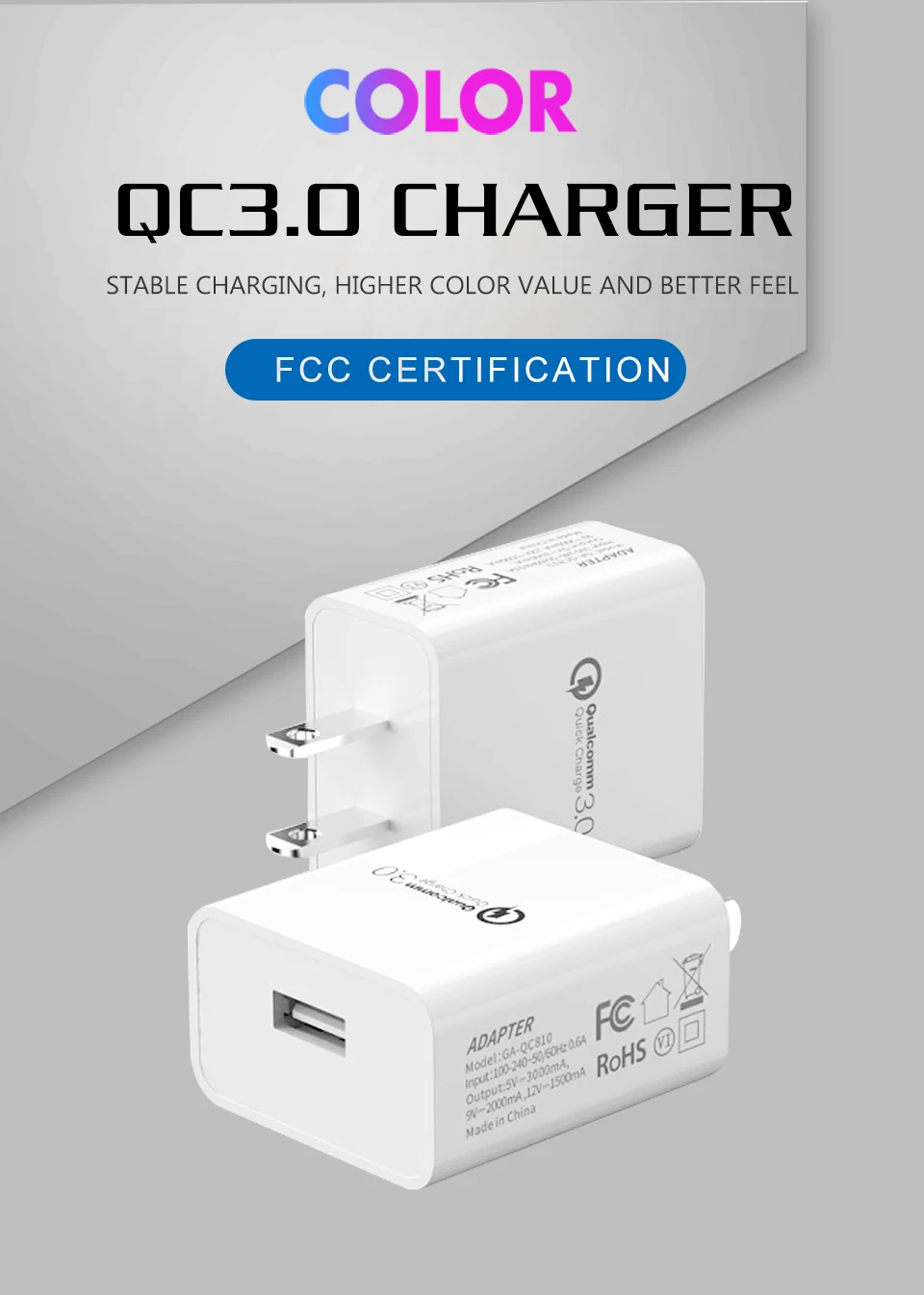 1PC Quick Charge QC3.0 Travel US Plug 18W Fast Charging UL Certification USB Wall Mobile Phone One 5V3A USB Power Adapter (1)