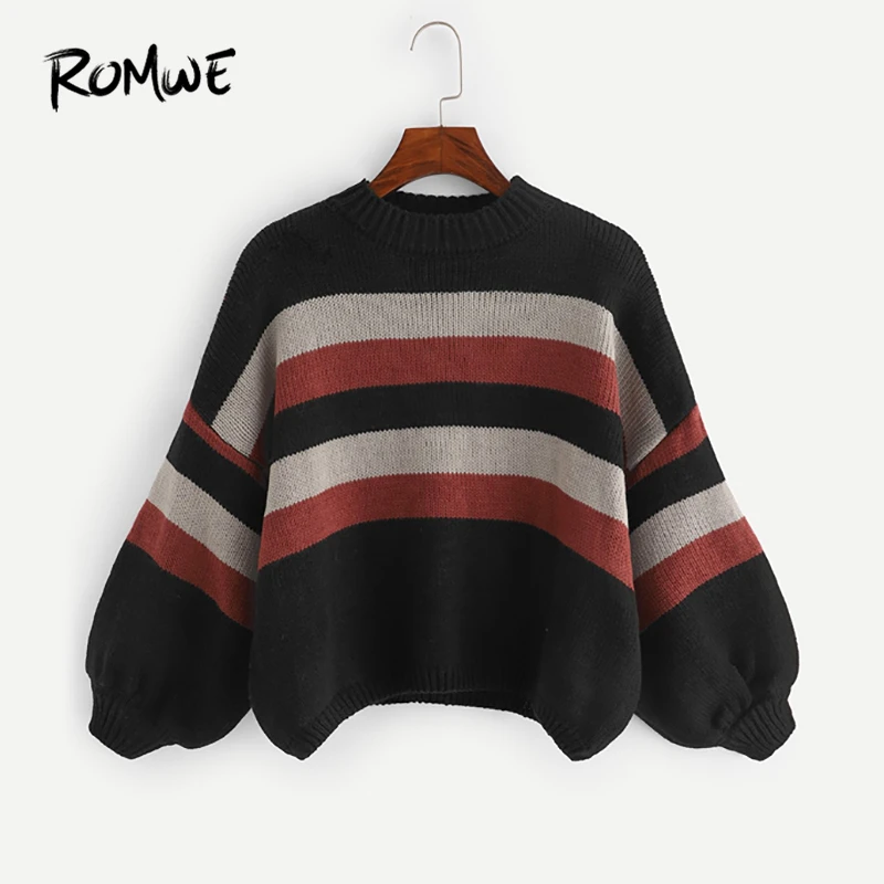 

ROMWE Black Bishop Sleeve Colorblock Crop Jumper Women Casual Autumn Long Sleeve Stand Collar Clothes Ladies Pullovers Sweater