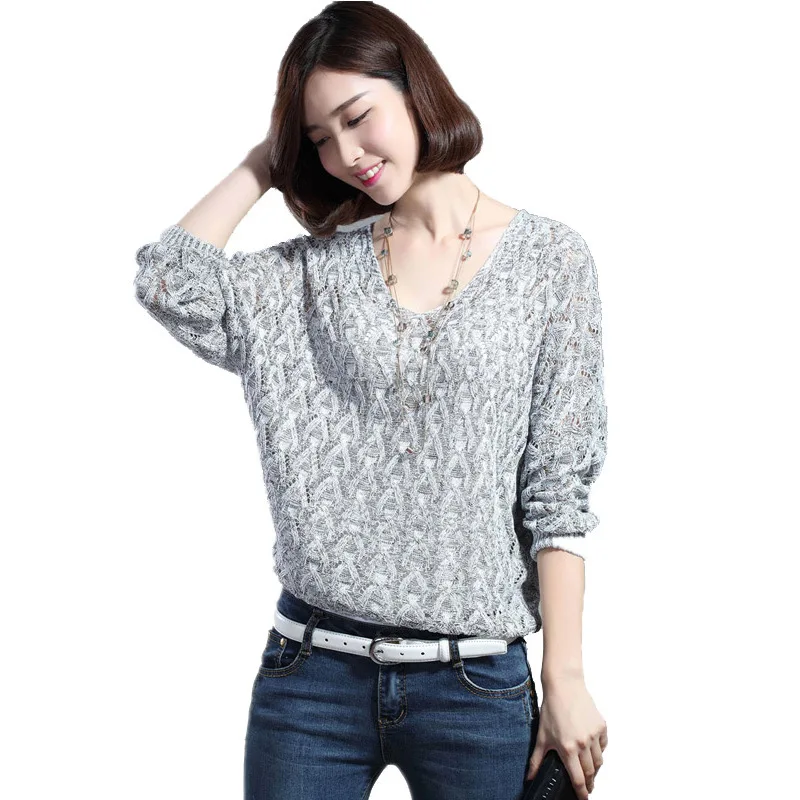 

Nerw Autumn Women Loose Pullover Bat V Lead Sweatshirt Unlined Upper Garment Hollow Out Sweatshirt Woman Knitting Unlined Upper