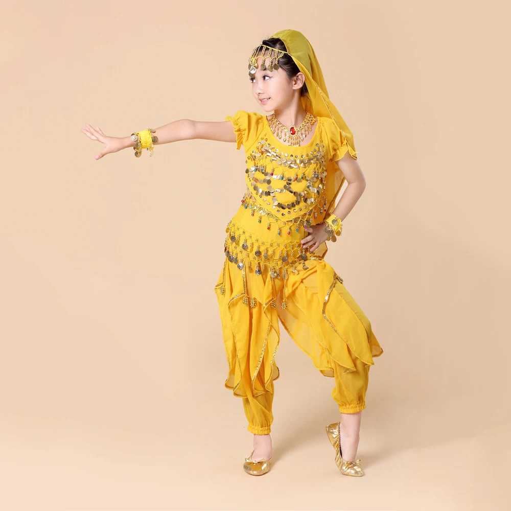 Детский танец живота 5 шт.(топ+ штаны+ цепочка на талии+ браслет+ головной убор) Индийская одежда девушки танец живота костюм Болливуд H007