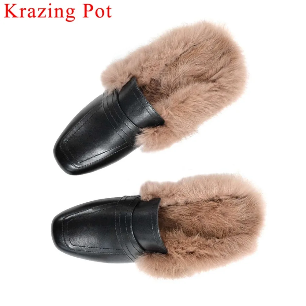 

2019 new arrival natural leather soft rabbit fur decoration slip on mules square toe featured simple style dating lazy pumps L93