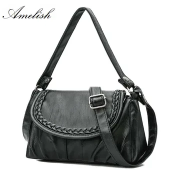 

New Famous Brand Black Real Genuine Leather Bag For Women Vintage Sheepskin Shoulder Purse Girls Handbag Cross-body Tote Clutch