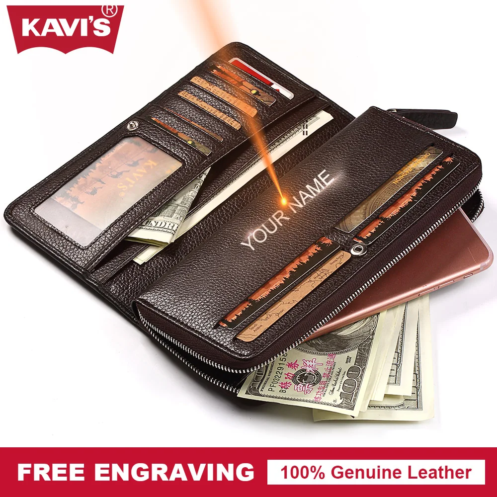 

KAVIS Genuine Leather Long Wallet Men Coin Purse Male Clutch Walet Portomonee Handy DIY Gift Man Fashion Business Perse Vallet
