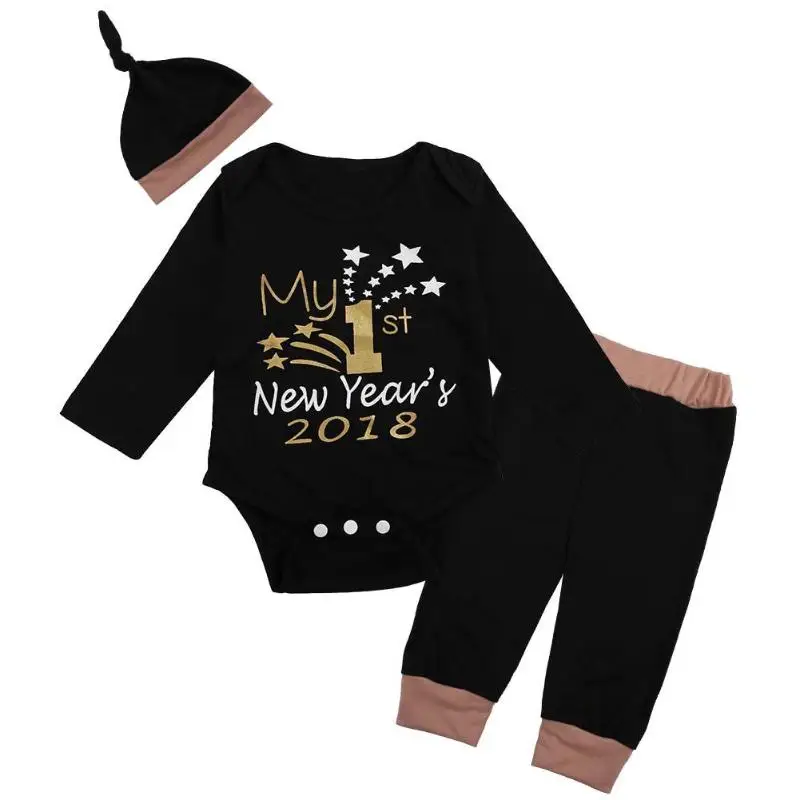 

3pcs Warm Baby Clothes Set Long Sleeve Stars Fireworks Romper + Pants + Hat