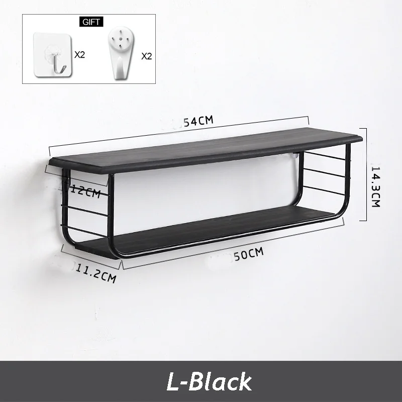 Настенная плавающая металлическая полка 2 уровня современная вешалка для спальни гостиной органайзер для хранения украшение дом деревянные держатели - Цвет: Black L