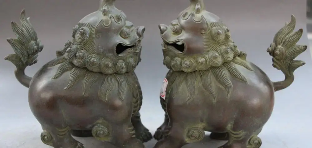 

8" Collection Chinese Purple Bronze Foo Fu Dog Lion Incense Burner Censer Pair