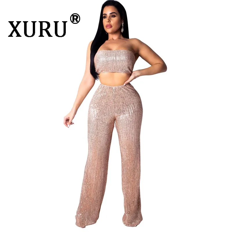 

XURU summer new women's hot sale sequins jumpsuit two-piece fashion sexy hot tube top piece trousers club party jumpsuit