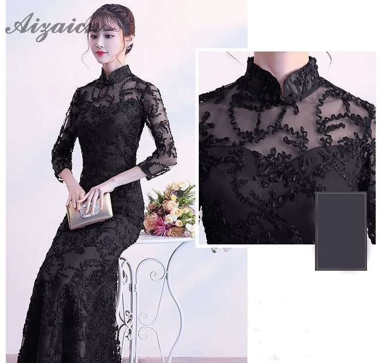 Черные модные кружево Длинные Cheongsam Русалка Qi ПАО для женщин Китайский вечернее платье восточные платья Chinoise Ципао для вечеринки