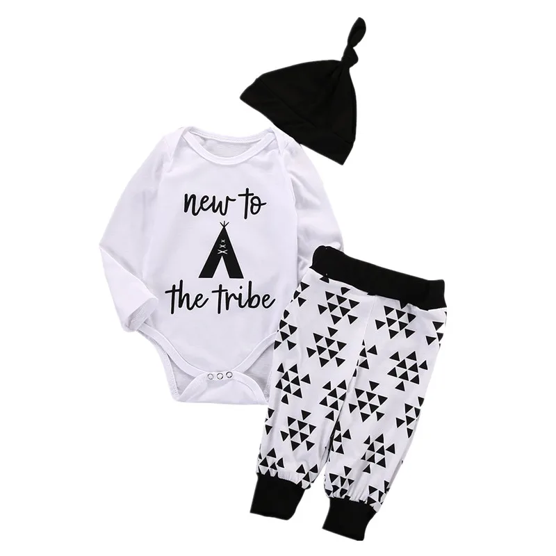 

Newborn Toddler Infant Baby Boys Girls Tops Bodysuit Long Pants Hat 3PCS Outfits Playsuit Clothes