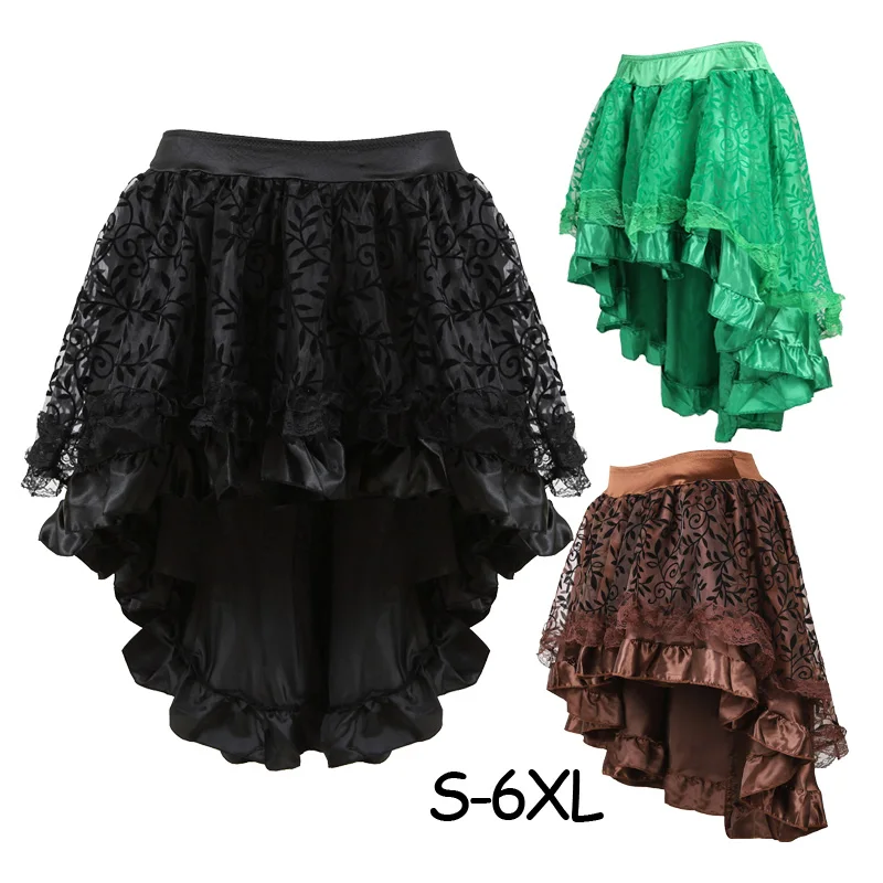 Cena S 6XL wiktoriański asymetryczny potargane satynowe i koronkowe wykończenia gotyckie spódnice kobiety gorset do sukienki w stylu vintage steampunk spódnica Cosplay kostiumy