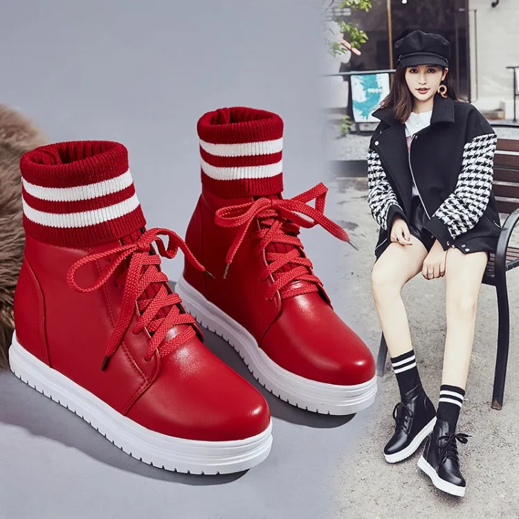 

PXELENA 2018 Knitting Stretch Ankle Boots Women Striped Platform Hidden Heels Short Boots Ladies Shoes Comfort Collegiate 34-43