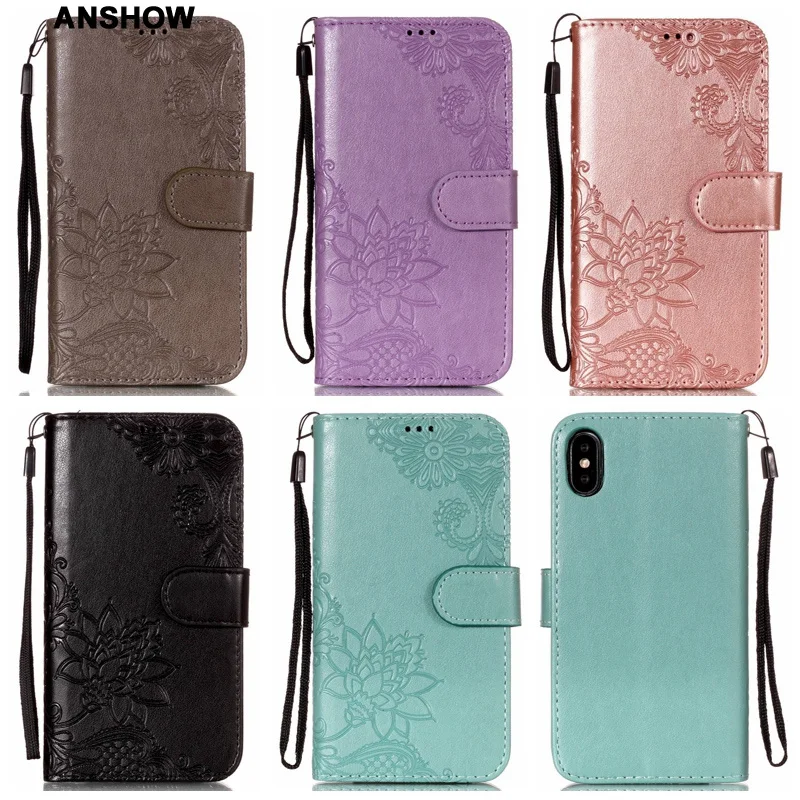 Кружевной кожаный чехол-бумажник с цветком лотоса для IPhone XS MAX XR X 8 7 6 S SE 5s Touch 6 5 цветочный Стильный флип-чехол 50 шт