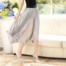 Новинка; сезон лето; модные женские Нерегулярные с эластичной резинкой на талии, Высокая Талия плиссированная юбка женские; Лидер продаж; сезон весна, с металлическим блеском, высота до середины голени, юбки