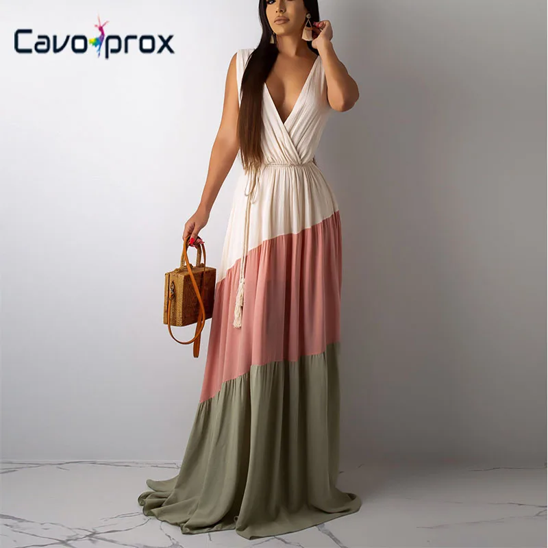 Женское платье макси с v-образным вырезом, без рукавов, с поясом, длина до пола, уличная одежда, модные новые тренды, платье