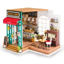 Robotime DIY Simon s Coffee with Furnitures Children Adult Miniature Wooden Doll House Model Building Kits