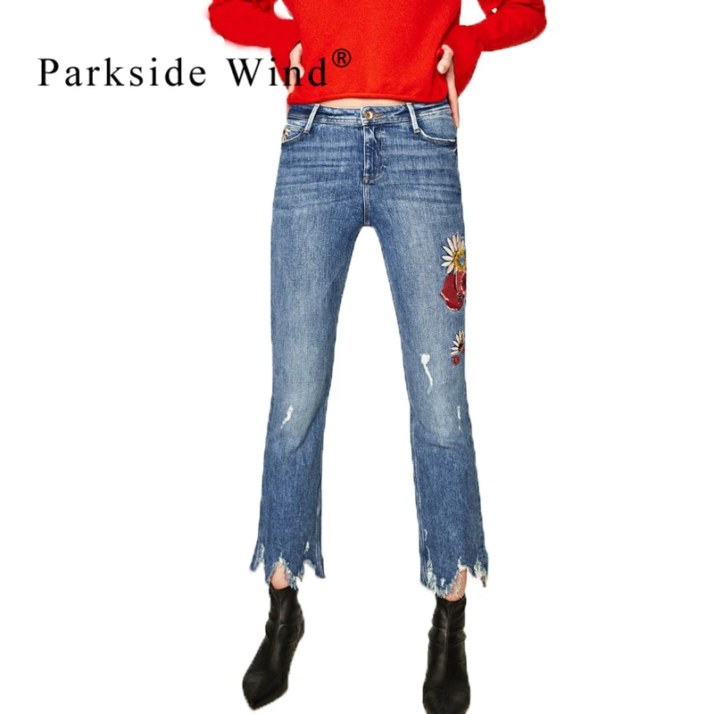 PARKSIDE WIND Sunflower Embroidery Jeans Women Vintage Ripped Jeans