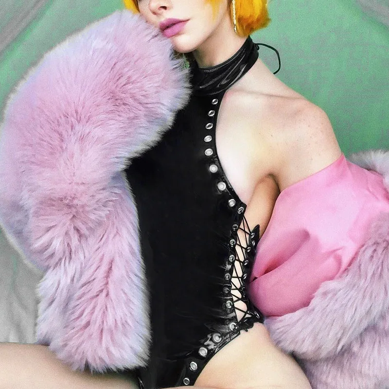 JIEZuoFang Solid Black Aesthetic Bodysuit Gothic Summer 2019 Punk Hollow Out Sexy Halter Bodysuits Female Fashion Skinny Rompers