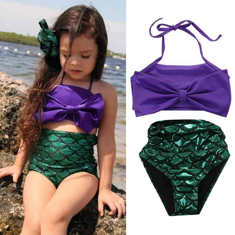 

Girls Mermaid Swimsuit Kids 2 Piece Bikini Sets Summer Cute Swimwear with Purple Bow Children Costume Beach Bathing Suit Clothes