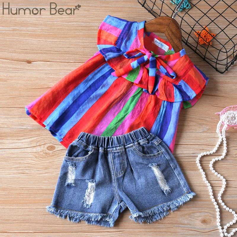 

Humor Bear Girl Clothes Suit 2019 Summer Multicolor Stripes Short Sleeve Top T-shirt+Denim Short 2PCS Set Baby Girls Clothing