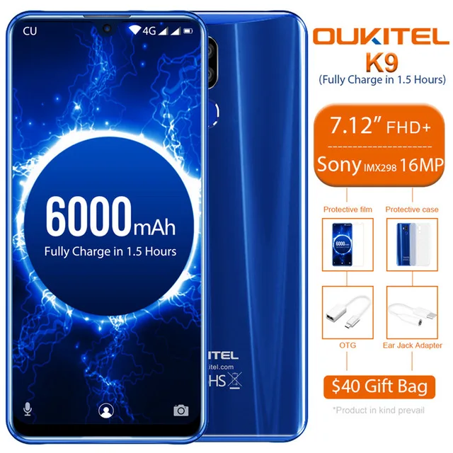 OUKITEL Капля воды 7,1" FHD+ 1080*2244 16MP 4G мобильный телефон 4 Гб 64 Гб MT6765 восьмиядерный смартфон 6000 мАч 5 В/6A Быстрая зарядка - Цвет: Синий