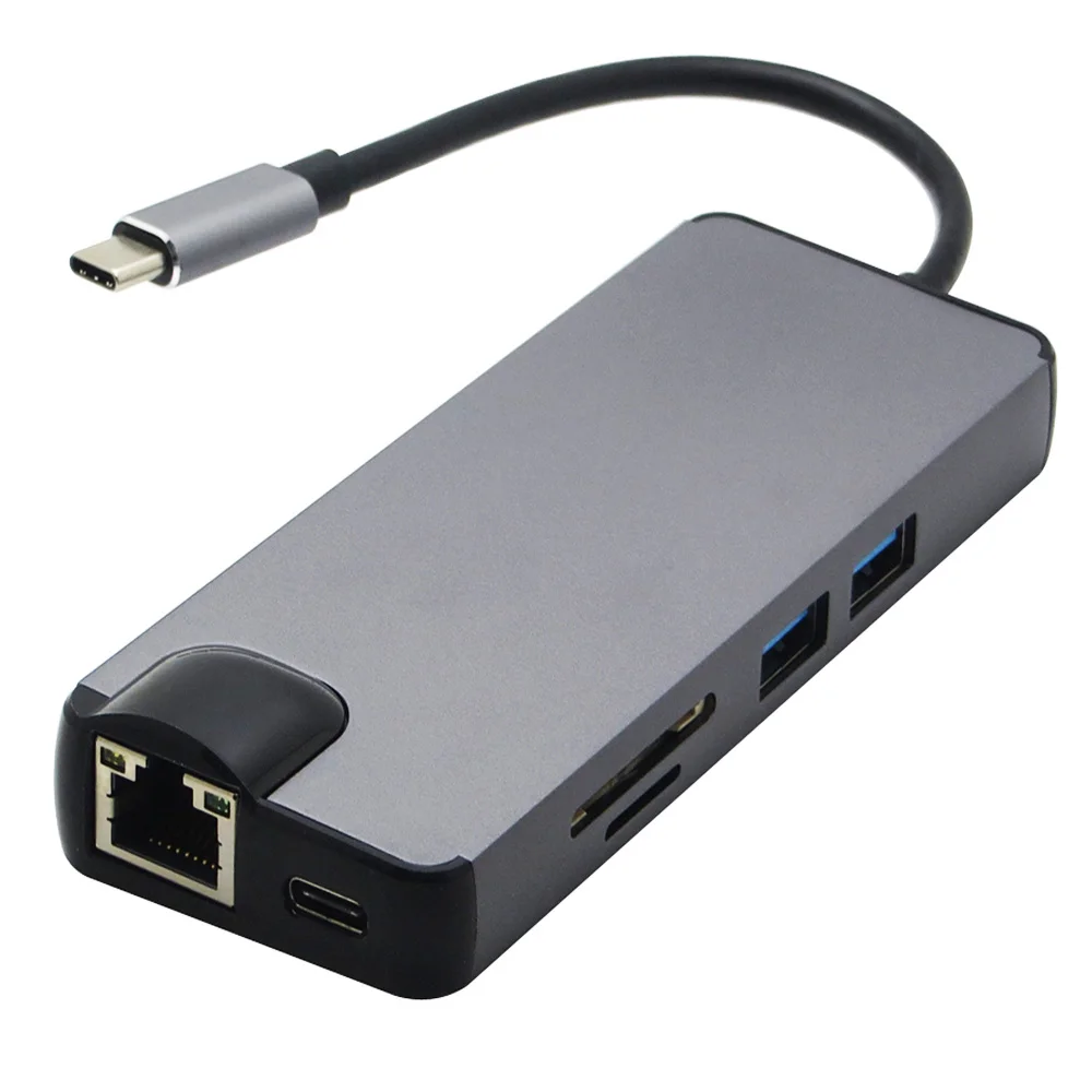 USB-C type C концентратор USB 3,0 HDMI 4K RJ45 Gigabit Ethernet VGA SD TF кард-ридер для Macbook Pro huawei P20 pro адаптер USB-C концентратор - Цвет: Gray  8 in 1