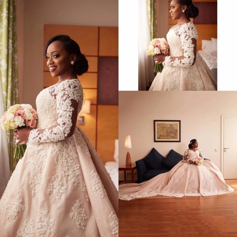 African Nigerian 2020 Long Sleeves Wedding Dresses Beads Crystals Lace Appliques Court Train dress Bridal Gowns Custom | Свадьбы и
