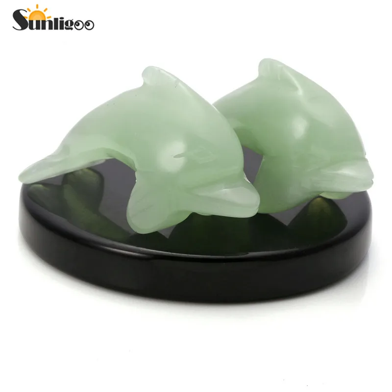 Sunligoo 2 шт. натуральный зеленый нефрит драгоценный камень целебные Кристаллы ручной работы дельфины Коллекционная Статуэтка фигурка любовь кристаллы подарок