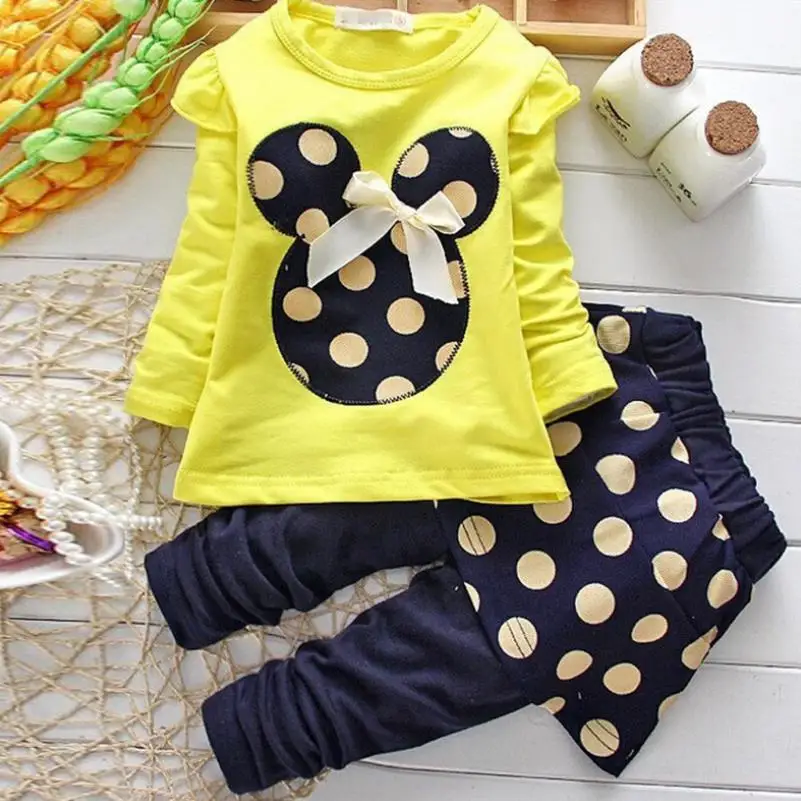 Комплект одежды для детей, футболка с рисунком Микки Мауса для девочек, Топы+ штаны, детские спортивные комплекты, clothes1-5Y для малышей - Цвет: yellow