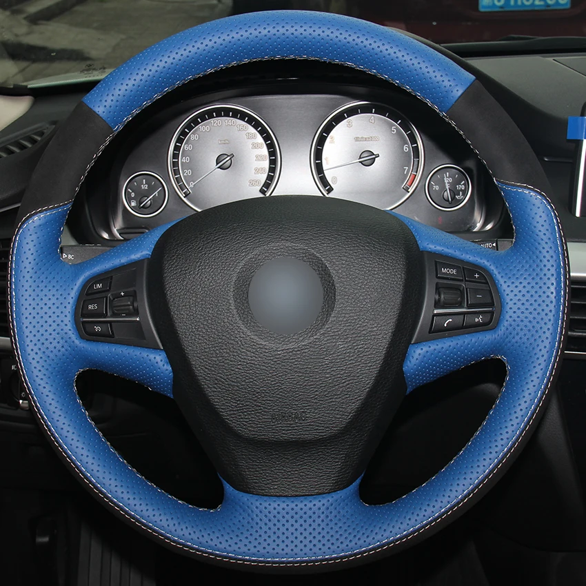 Blue Natural Leather Black Suede Car Steering Wheel Cover for BMW F25