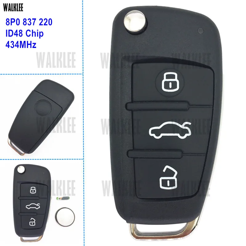 WALKLEE 434 МГц Автомобильный Дистанционный ключ 3 кнопки Подходит для Audi 8P0837220/8P0 837 220 для A3 S3 A4 S4 TT