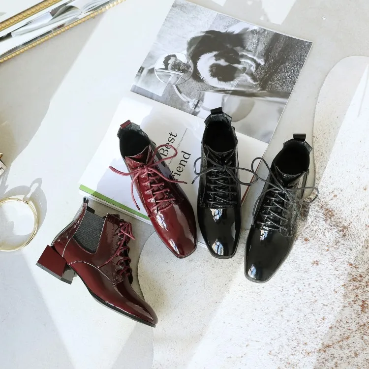 

MLJUESE 2019 women ankle boots Cow leather lace up winter short plush square toe high heels female boots party dress wedding