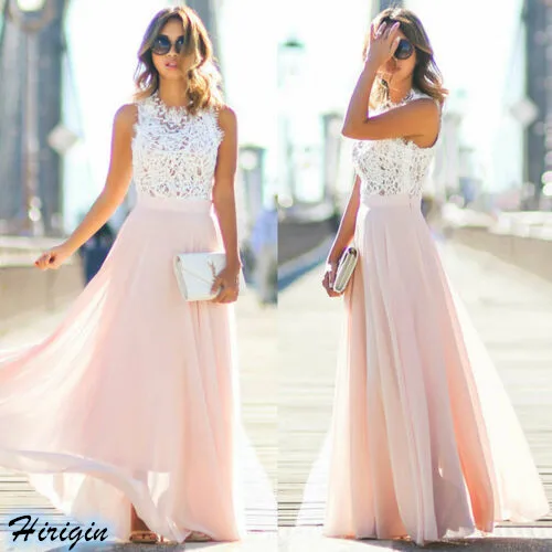

Summer Sweet Women Dresses HOT Women Summer Sweet Sleeveless O-neck High Waist Pink Lace Patchwork Long Dress