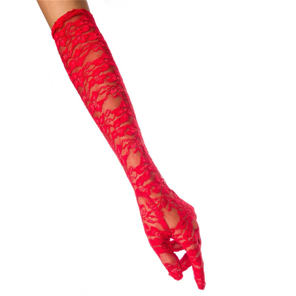 Новая мода женщин Кружева Вышивка Длинные полный палец перчатки костюм черный красный белый