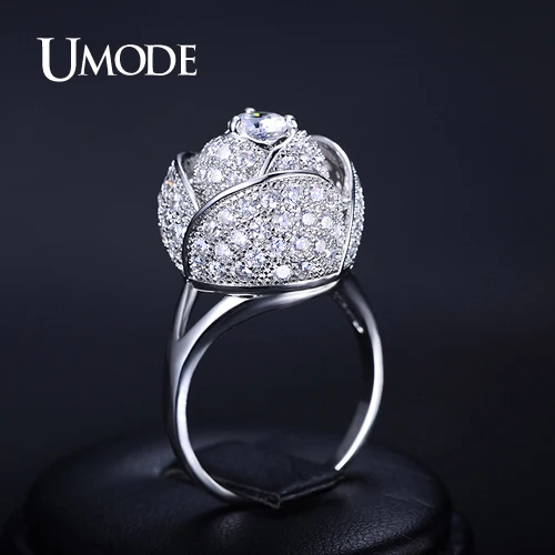 font b UMODE b font Rose Flower font b Ring b font Rhodium plated CZ
