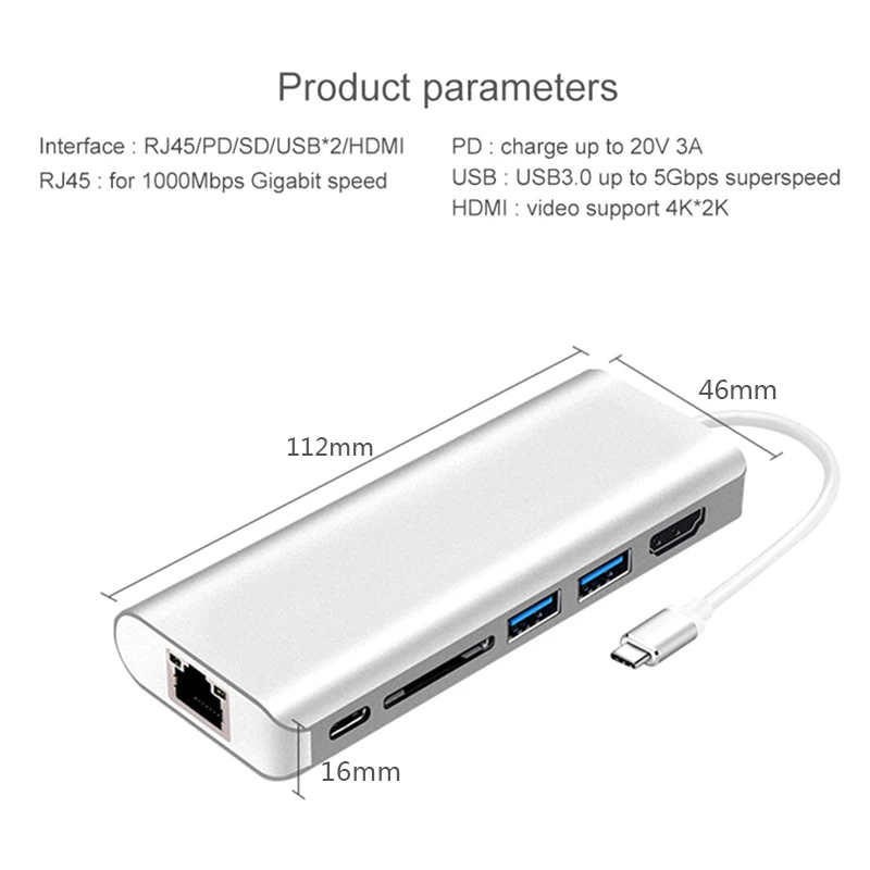 6в1 Usb 3,0 type-C концентратор многопортовый адаптер Hdmi Rj45 конвертер Sd/Tf кард-ридер для Macbook Pro Google Chromebook