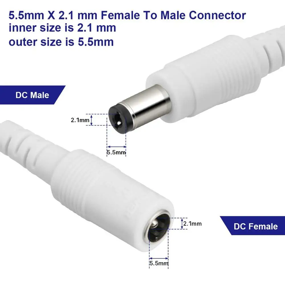 Biały kabel zasilający DC 12V 5.5mm * 2.1mm męski złącze żeńskie 0.5M 1M 2M 3M 4M 5M 6M 7M 8M 10M przedłużacz przewodu zasilającego do CCTV