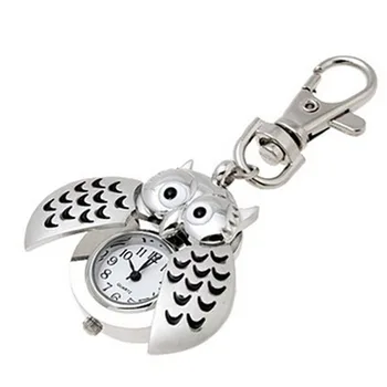 

Men Women unisex Mini Metal Key Ring owl double open Quartz Watch Clock- Silver gift Wholesale free shipping Mar3